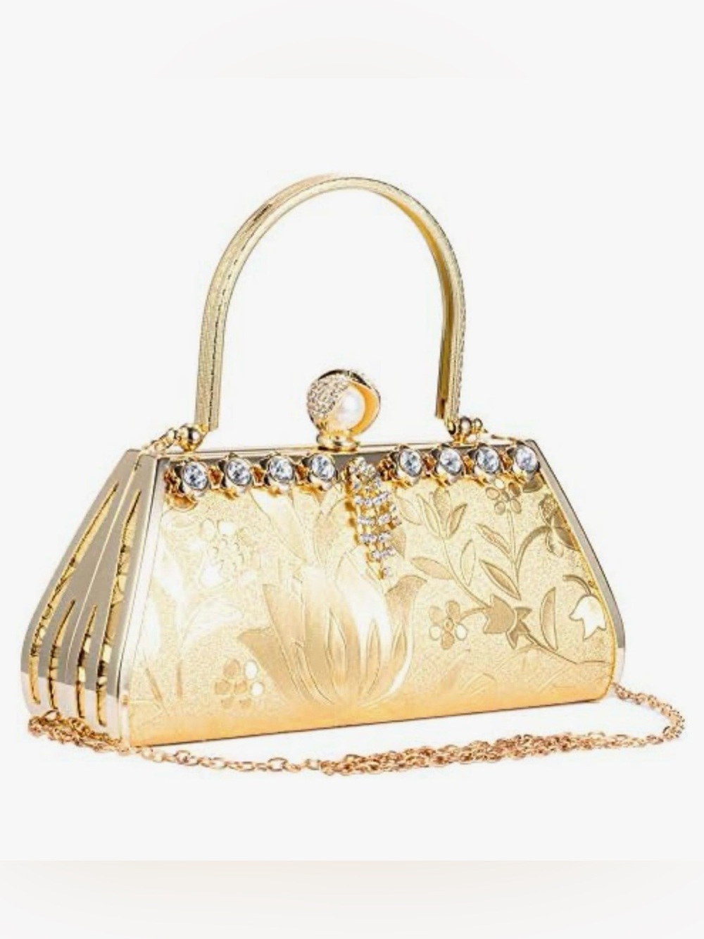 Gold Rhinestone Floral Evening Clutch by Molshine